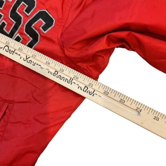 Young & Reckless Red Bomber Jacket Size S Snap-Button Closure Black & White Stri - Picture 3 of 11